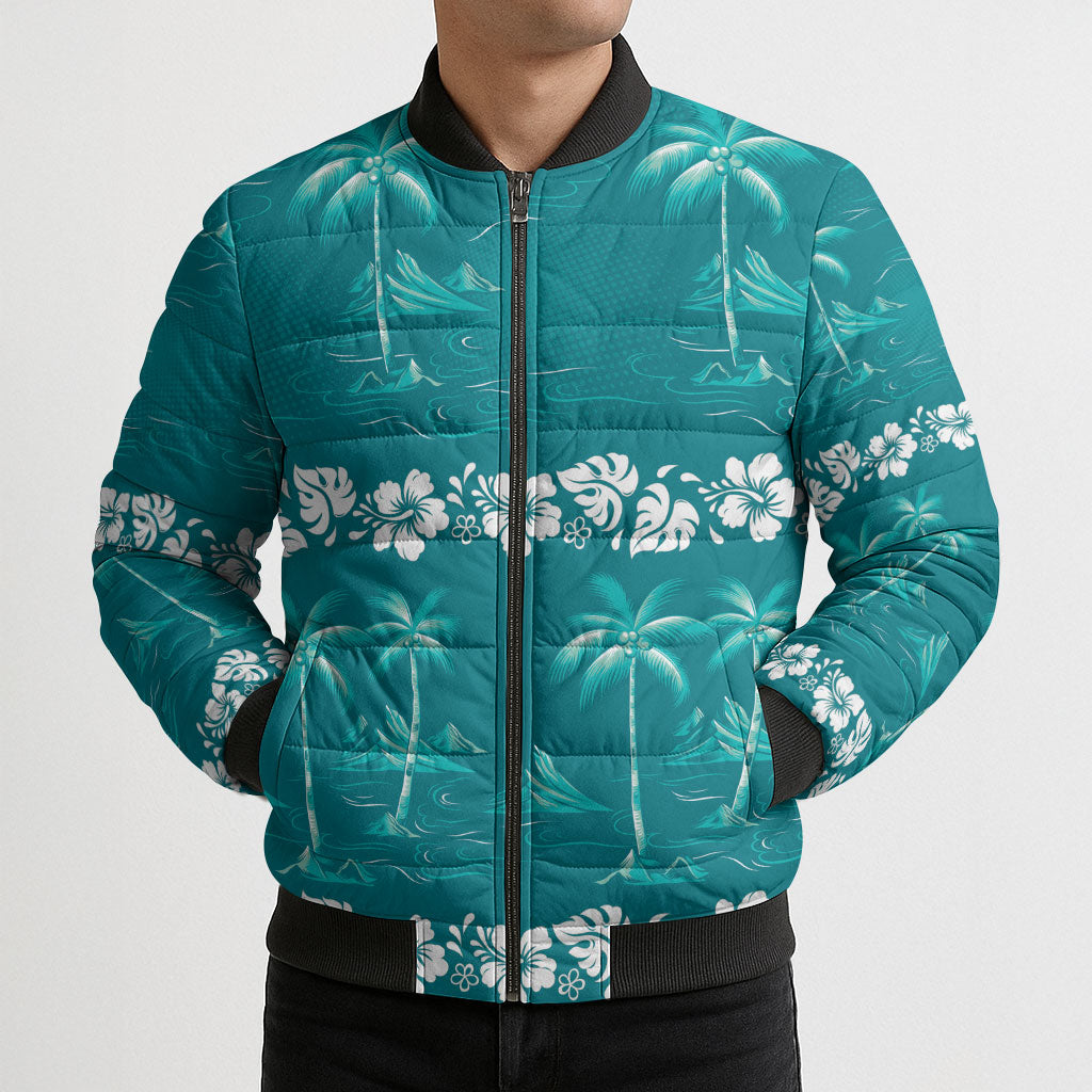 Cyan Hawaii Palm Tree Hibiscus Bomber Puffer Jacket Fantasy Summer Vibe