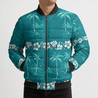 Cyan Hawaii Palm Tree Hibiscus Bomber Puffer Jacket Fantasy Summer Vibe