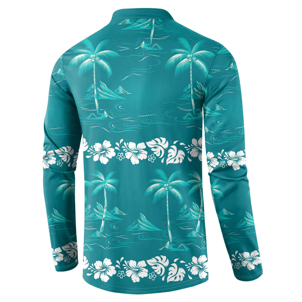 Cyan Hawaii Palm Tree Hibiscus Button Sweatshirt Fantasy Summer Vibe