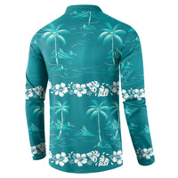 Cyan Hawaii Palm Tree Hibiscus Button Sweatshirt Fantasy Summer Vibe