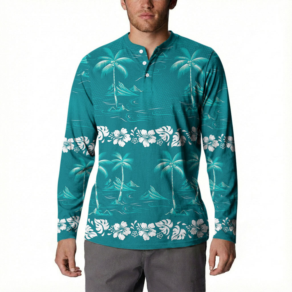 Cyan Hawaii Palm Tree Hibiscus Button Sweatshirt Fantasy Summer Vibe