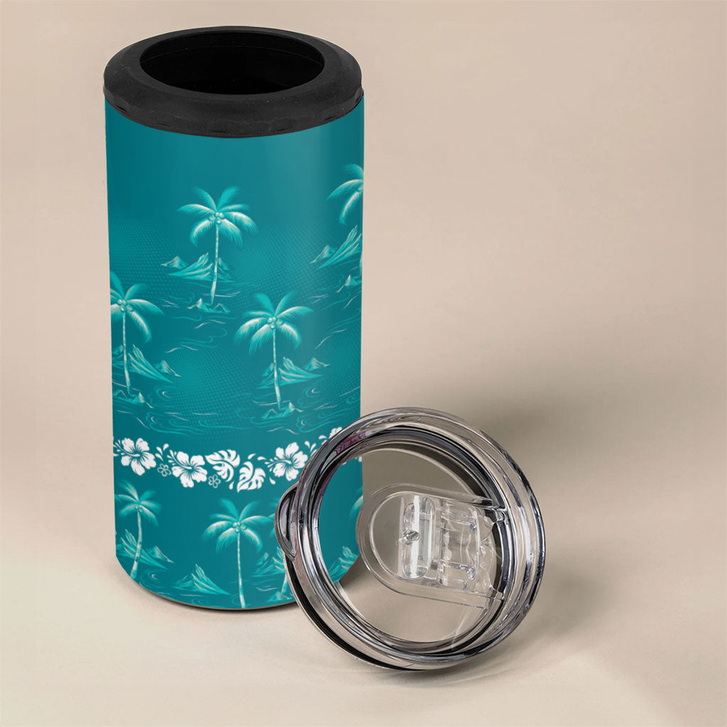 Cyan Hawaii Palm Tree Hibiscus 4 in 1 Can Cooler Tumbler Fantasy Summer Vibe