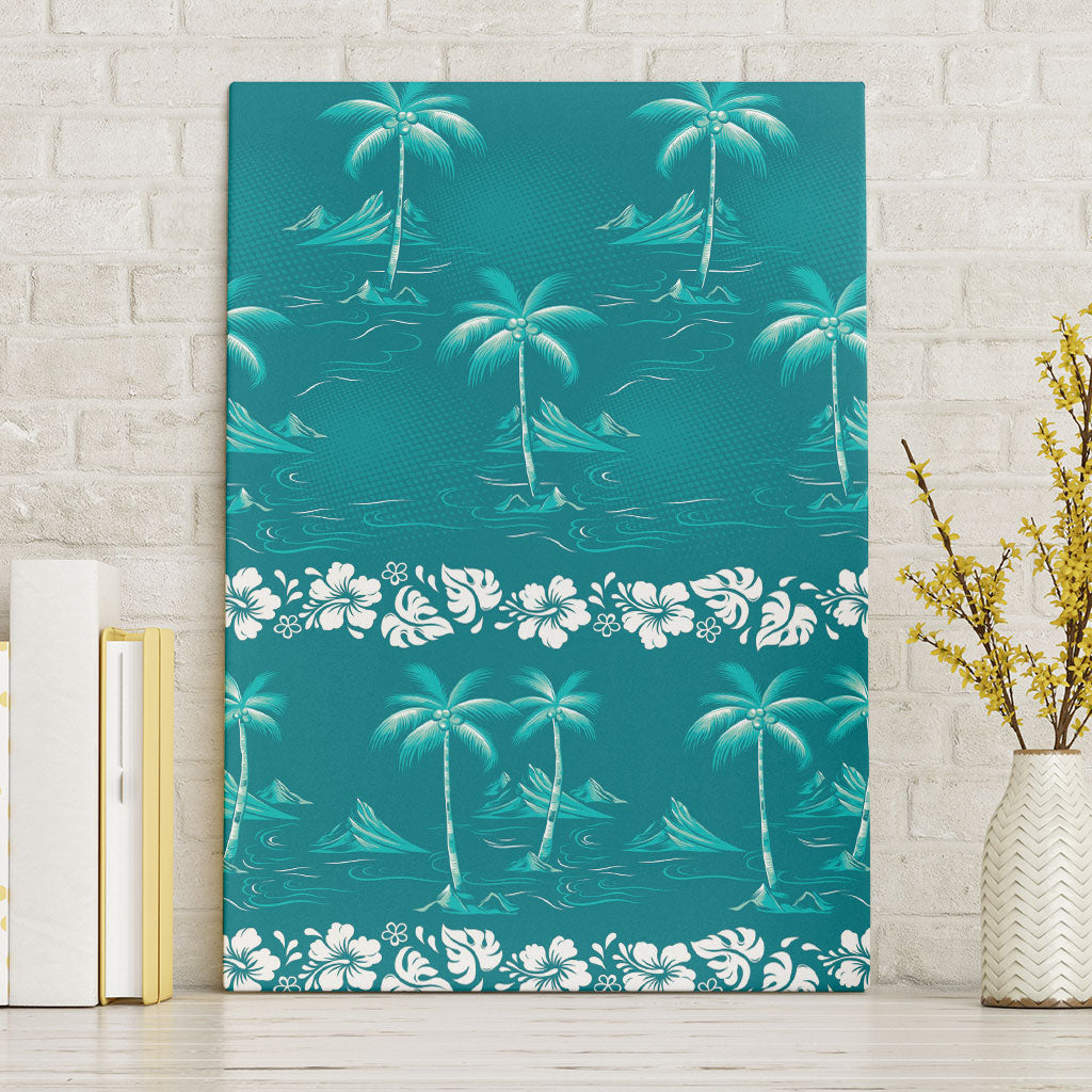Cyan Hawaii Palm Tree Hibiscus Canvas Wall Art Fantasy Summer Vibe