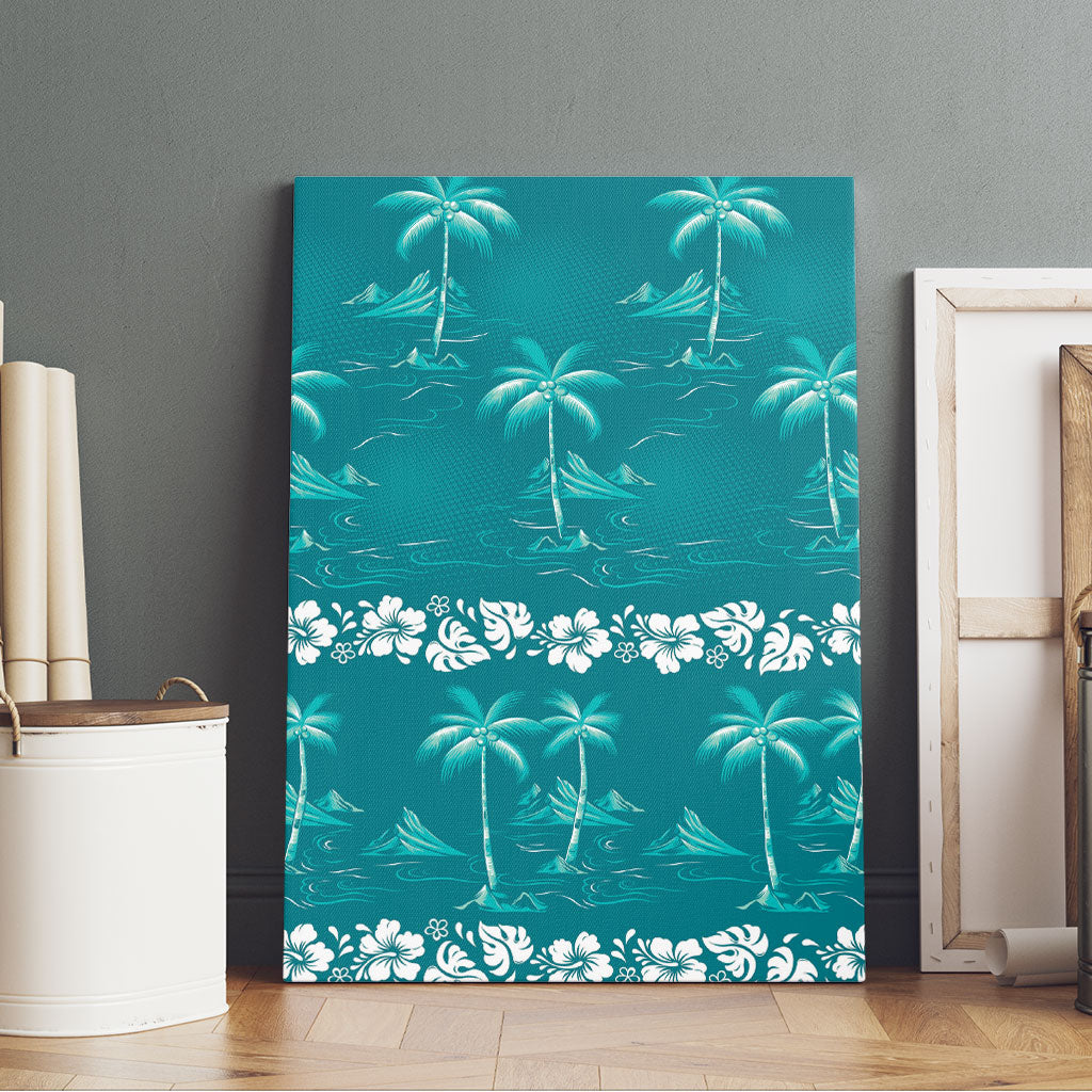 Cyan Hawaii Palm Tree Hibiscus Canvas Wall Art Fantasy Summer Vibe