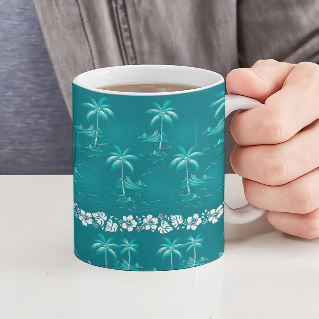 Cyan Hawaii Palm Tree Hibiscus Ceramic Mug Fantasy Summer Vibe
