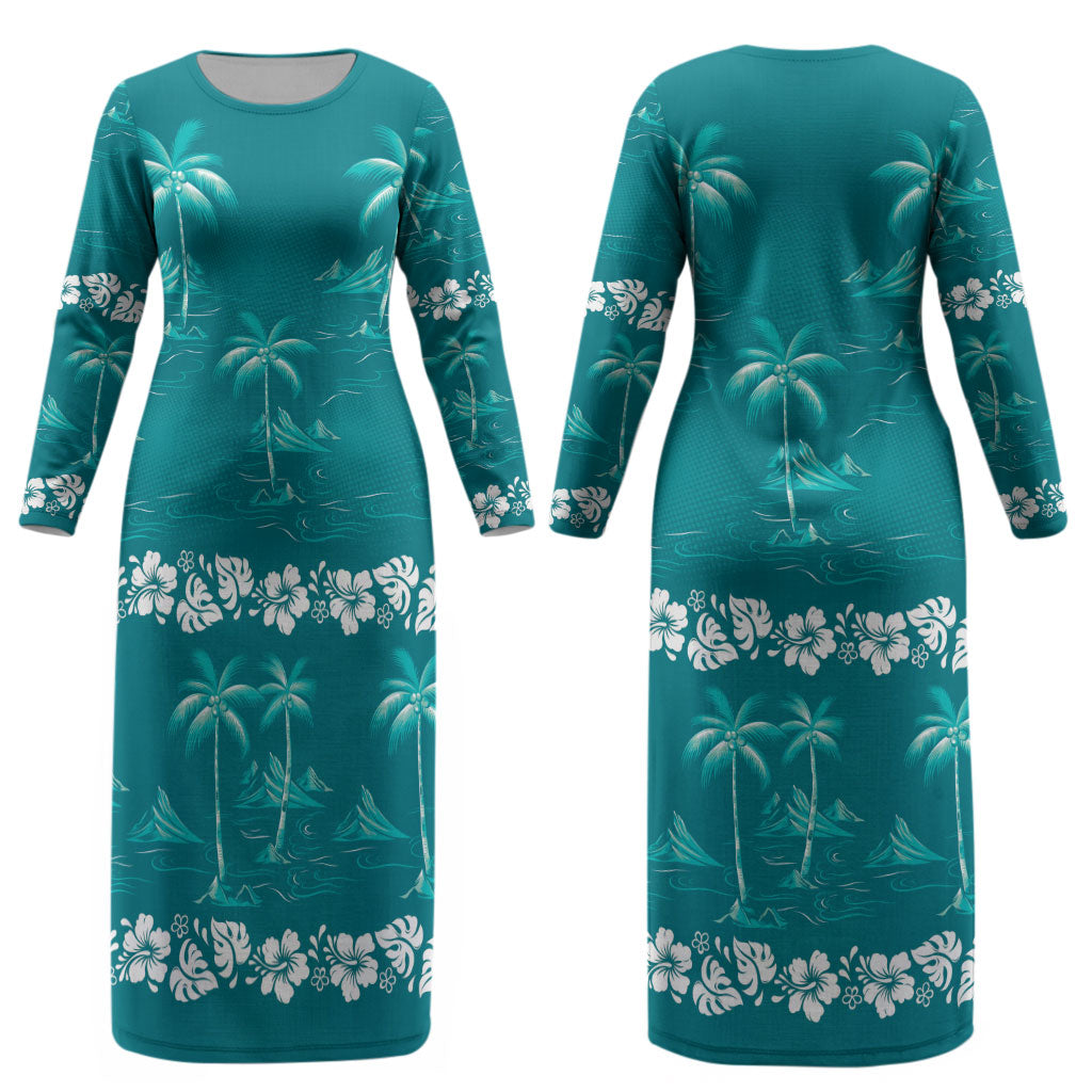 Cyan Hawaii Palm Tree Hibiscus Couples Matching Long Sleeve Bodycon Dress and Hawaiian Shirt Fantasy Summer Vibe