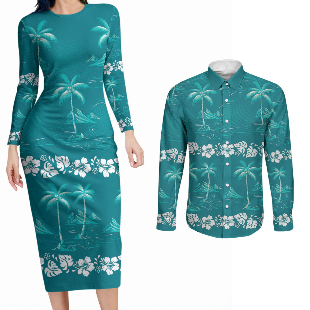 Cyan Hawaii Palm Tree Hibiscus Couples Matching Long Sleeve Bodycon Dress and Long Sleeve Button Shirt Fantasy Summer Vibe