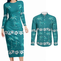 Cyan Hawaii Palm Tree Hibiscus Couples Matching Long Sleeve Bodycon Dress and Long Sleeve Button Shirt Fantasy Summer Vibe