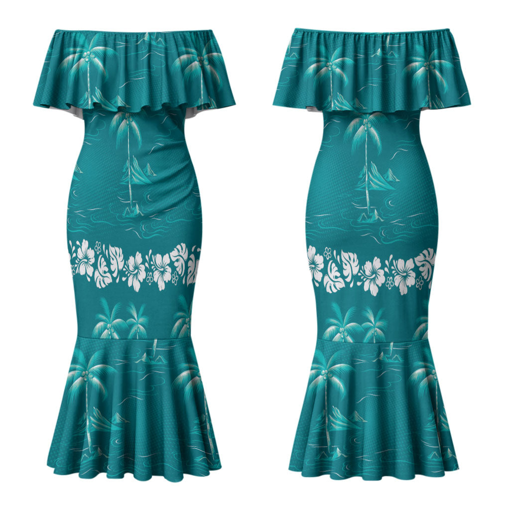Cyan Hawaii Palm Tree Hibiscus Couples Matching Mermaid Dress and Hawaiian Shirt Fantasy Summer Vibe