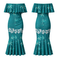 Cyan Hawaii Palm Tree Hibiscus Couples Matching Mermaid Dress and Hawaiian Shirt Fantasy Summer Vibe