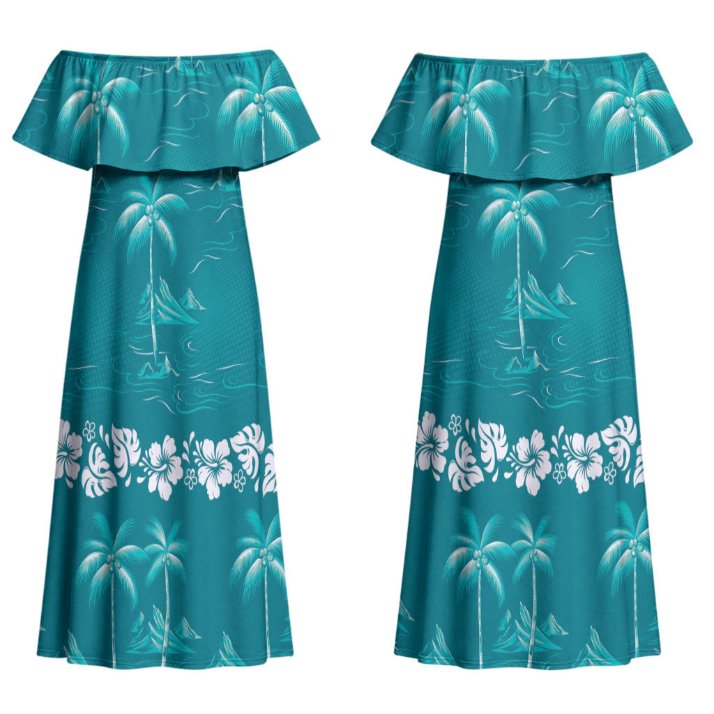 Cyan Hawaii Palm Tree Hibiscus Couples Matching Off Shoulder Maxi Dress and Hawaiian Shirt Fantasy Summer Vibe