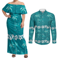 Cyan Hawaii Palm Tree Hibiscus Couples Matching Off Shoulder Maxi Dress and Long Sleeve Button Shirt Fantasy Summer Vibe