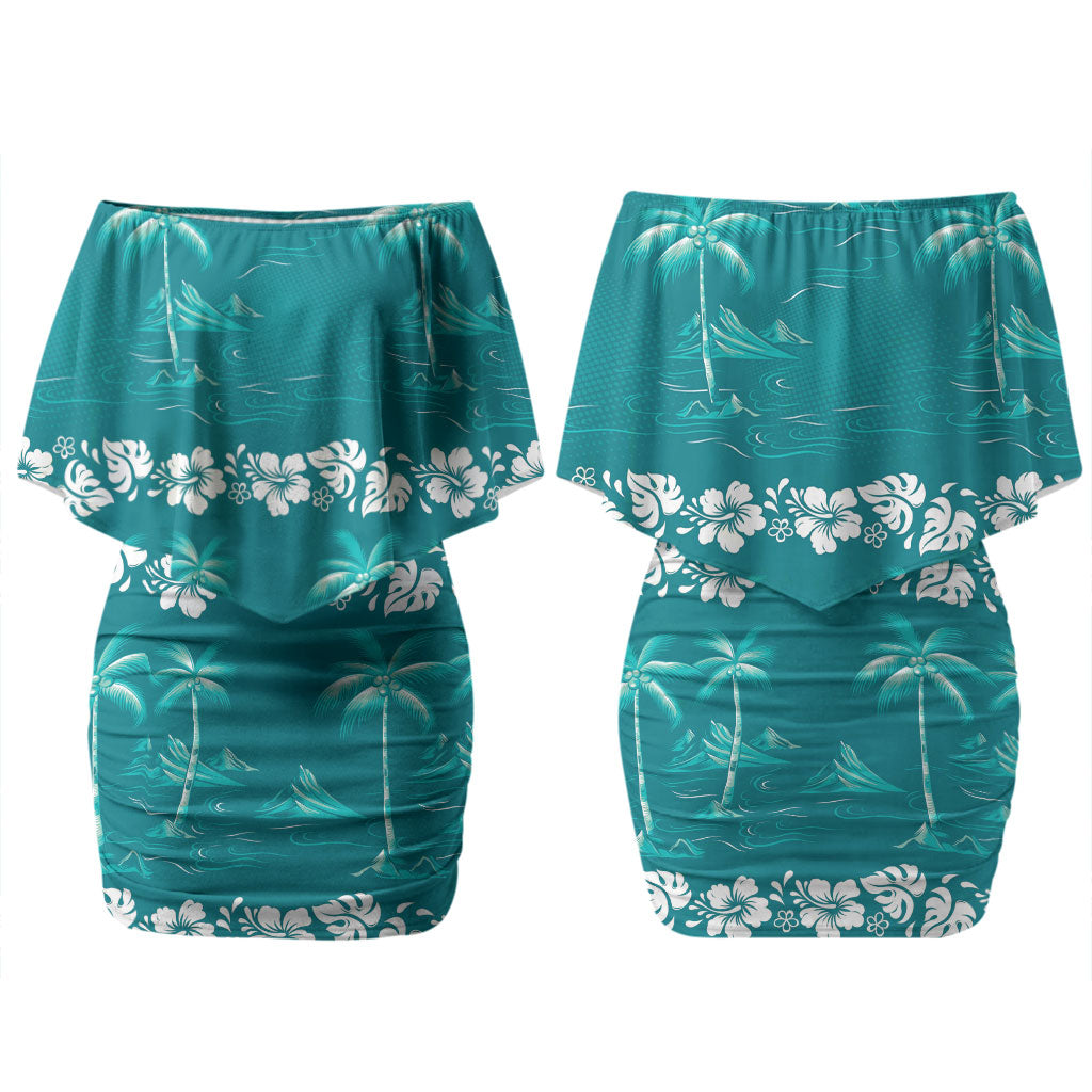 Cyan Hawaii Palm Tree Hibiscus Couples Matching Off Shoulder Short Dress and Hawaiian Shirt Fantasy Summer Vibe