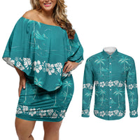 Cyan Hawaii Palm Tree Hibiscus Couples Matching Off Shoulder Short Dress and Long Sleeve Button Shirt Fantasy Summer Vibe