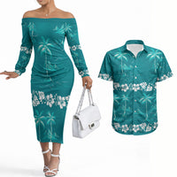 Cyan Hawaii Palm Tree Hibiscus Couples Matching Off The Shoulder Long Sleeve Dress and Hawaiian Shirt Fantasy Summer Vibe