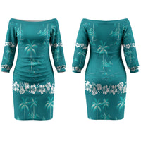 Cyan Hawaii Palm Tree Hibiscus Couples Matching Off The Shoulder Long Sleeve Dress and Hawaiian Shirt Fantasy Summer Vibe