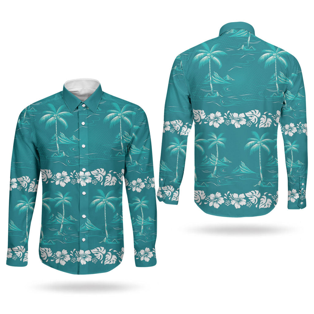 Cyan Hawaii Palm Tree Hibiscus Couples Matching Off The Shoulder Long Sleeve Dress and Long Sleeve Button Shirt Fantasy Summer Vibe