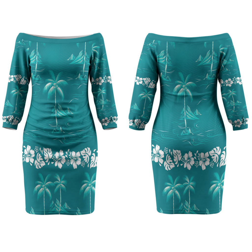 Cyan Hawaii Palm Tree Hibiscus Couples Matching Off The Shoulder Long Sleeve Dress and Long Sleeve Button Shirt Fantasy Summer Vibe