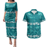 Cyan Hawaii Palm Tree Hibiscus Couples Matching Puletasi and Hawaiian Shirt Fantasy Summer Vibe