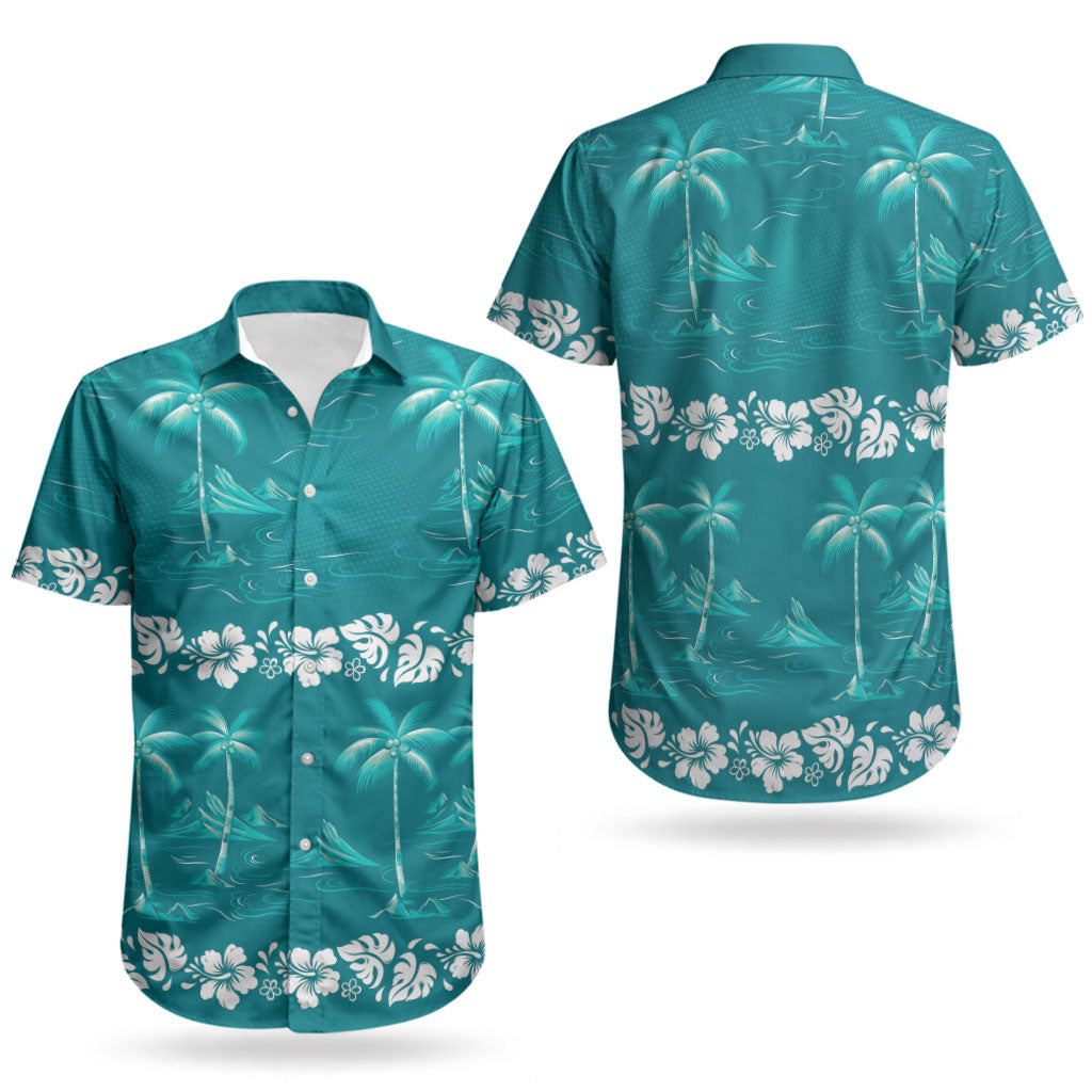 Cyan Hawaii Palm Tree Hibiscus Couples Matching Puletasi and Hawaiian Shirt Fantasy Summer Vibe