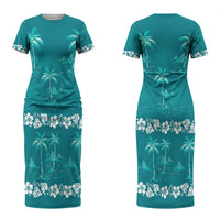 Cyan Hawaii Palm Tree Hibiscus Couples Matching Short Sleeve Bodycon Dress and Hawaiian Shirt Fantasy Summer Vibe