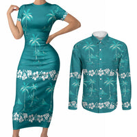 Cyan Hawaii Palm Tree Hibiscus Couples Matching Short Sleeve Bodycon Dress and Long Sleeve Button Shirt Fantasy Summer Vibe