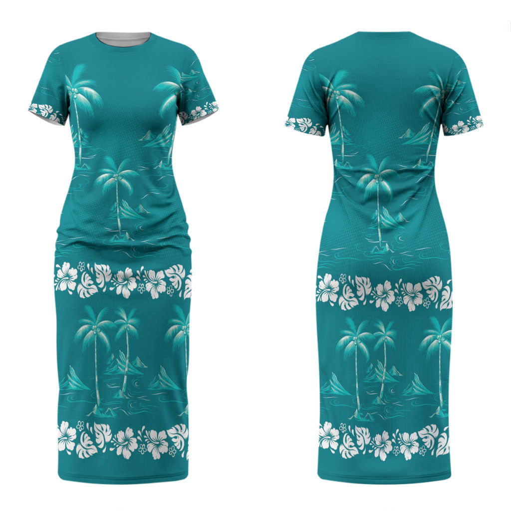 Cyan Hawaii Palm Tree Hibiscus Couples Matching Short Sleeve Bodycon Dress and Long Sleeve Button Shirt Fantasy Summer Vibe