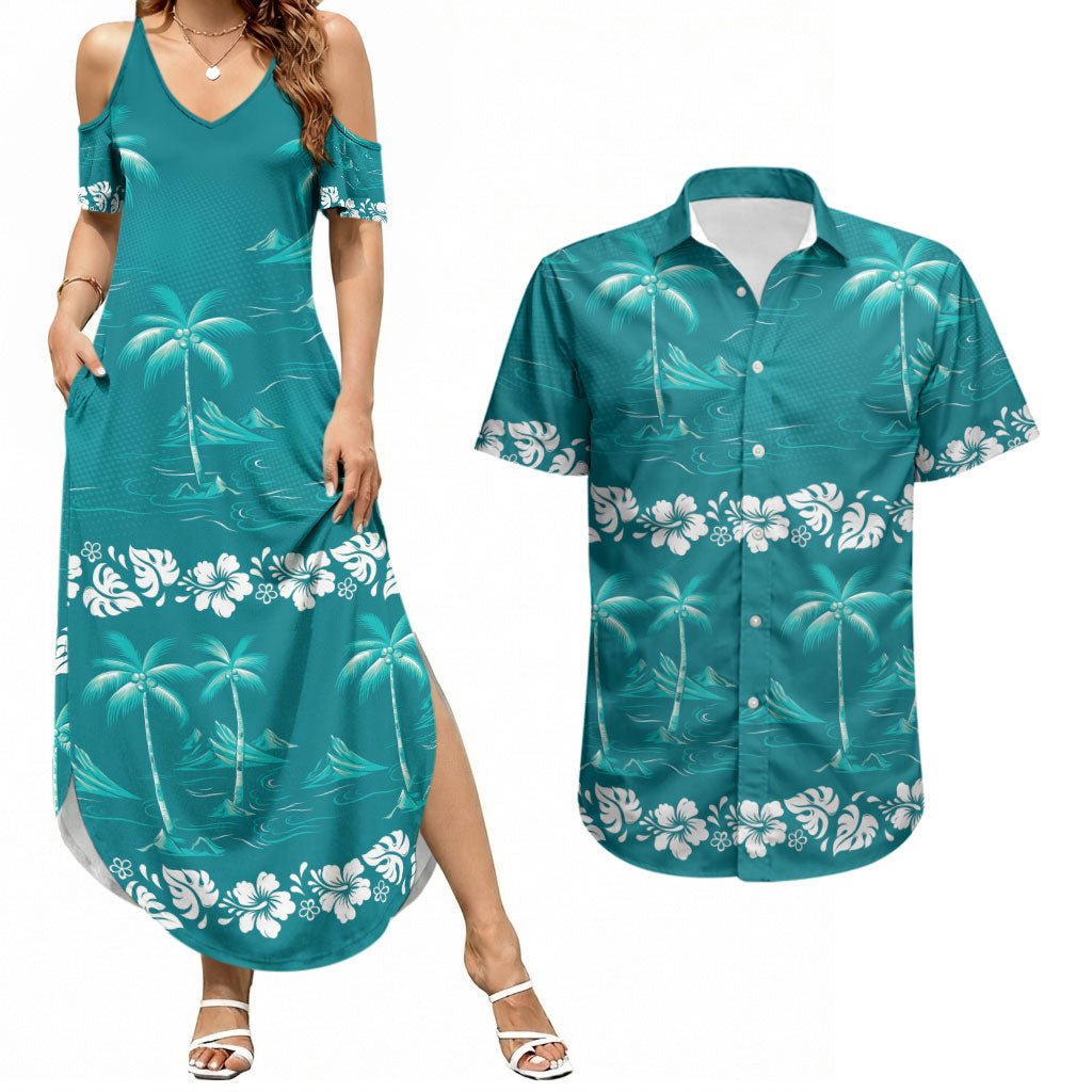 Cyan Hawaii Palm Tree Hibiscus Couples Matching Summer Maxi Dress and Hawaiian Shirt Fantasy Summer Vibe