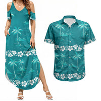 Cyan Hawaii Palm Tree Hibiscus Couples Matching Summer Maxi Dress and Hawaiian Shirt Fantasy Summer Vibe