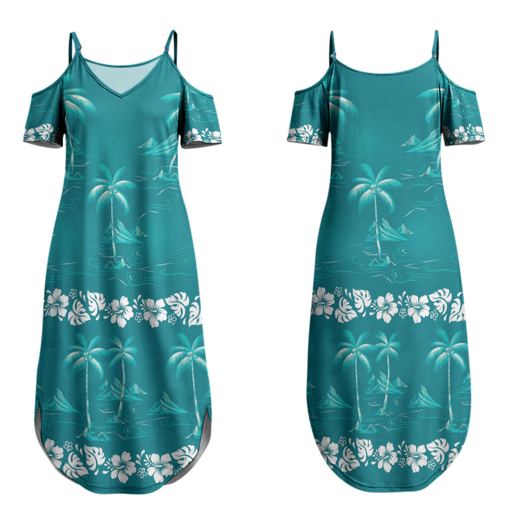 Cyan Hawaii Palm Tree Hibiscus Couples Matching Summer Maxi Dress and Long Sleeve Button Shirt Fantasy Summer Vibe