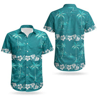 Cyan Hawaii Palm Tree Hibiscus Couples Matching Tank Maxi Dress and Hawaiian Shirt Fantasy Summer Vibe