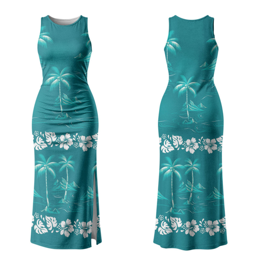 Cyan Hawaii Palm Tree Hibiscus Couples Matching Tank Maxi Dress and Hawaiian Shirt Fantasy Summer Vibe