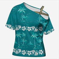 Cyan Hawaii Palm Tree Hibiscus Cross Shoulder Shirt Fantasy Summer Vibe
