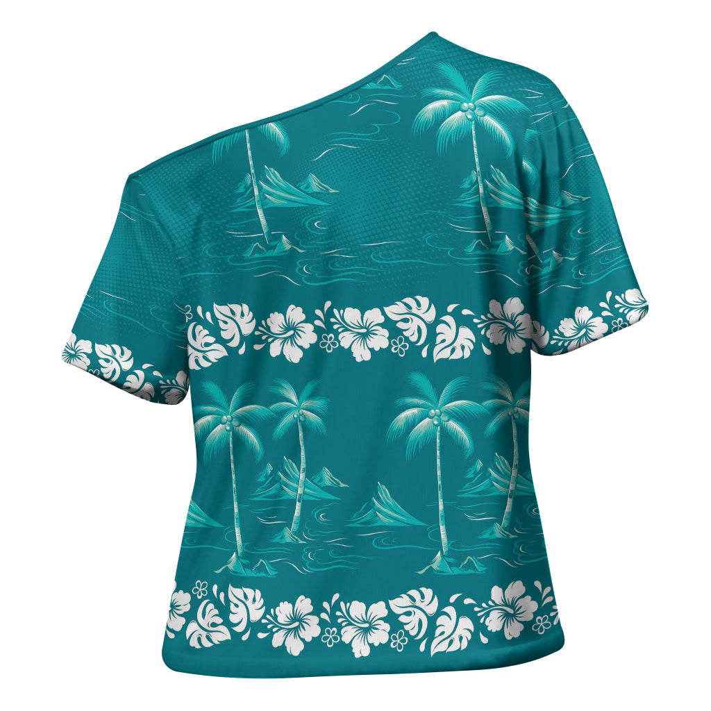Cyan Hawaii Palm Tree Hibiscus Cross Shoulder Shirt Fantasy Summer Vibe