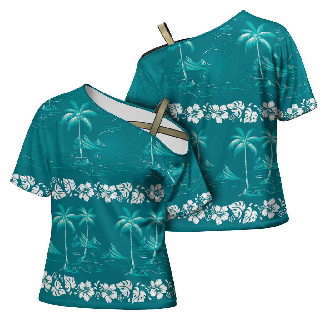 Cyan Hawaii Palm Tree Hibiscus Cross Shoulder Shirt Fantasy Summer Vibe