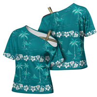 Cyan Hawaii Palm Tree Hibiscus Cross Shoulder Shirt Fantasy Summer Vibe