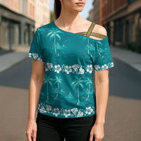 Cyan Hawaii Palm Tree Hibiscus Cross Shoulder Shirt Fantasy Summer Vibe