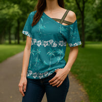 Cyan Hawaii Palm Tree Hibiscus Cross Shoulder Shirt Fantasy Summer Vibe
