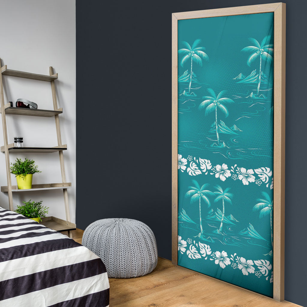 Cyan Hawaii Palm Tree Hibiscus Door Cover Fantasy Summer Vibe