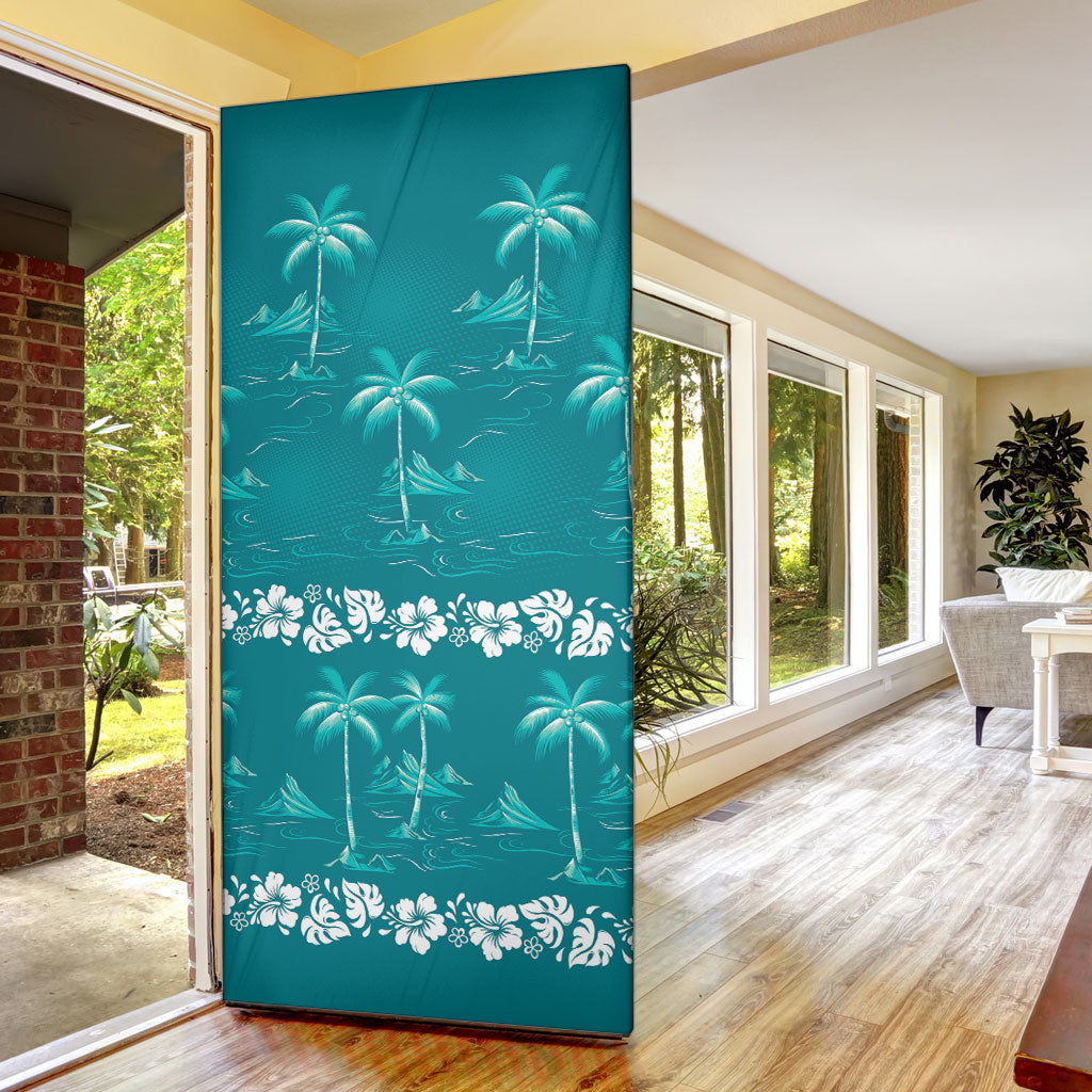 Cyan Hawaii Palm Tree Hibiscus Door Cover Fantasy Summer Vibe