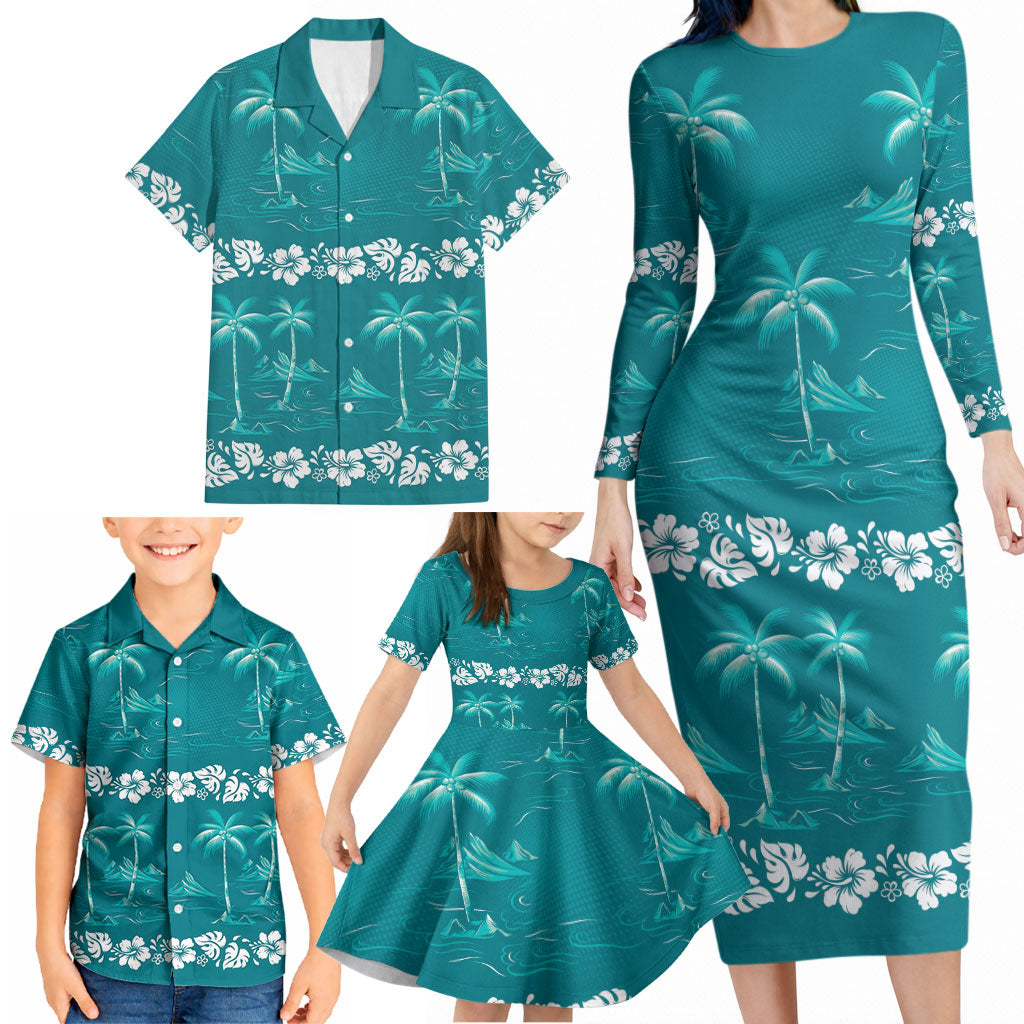 Cyan Hawaii Palm Tree Hibiscus Family Matching Long Sleeve Bodycon Dress and Hawaiian Shirt Fantasy Summer Vibe