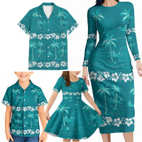 Cyan Hawaii Palm Tree Hibiscus Family Matching Long Sleeve Bodycon Dress and Hawaiian Shirt Fantasy Summer Vibe