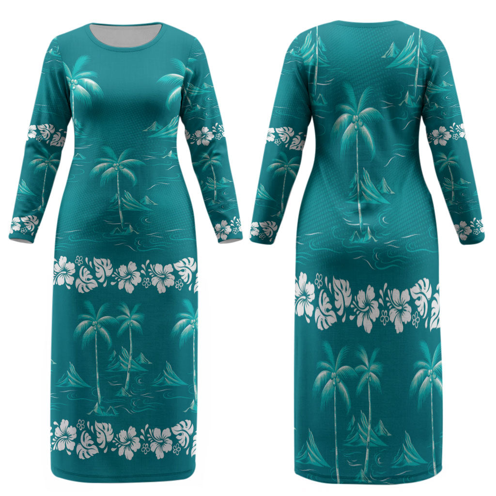 Cyan Hawaii Palm Tree Hibiscus Family Matching Long Sleeve Bodycon Dress and Hawaiian Shirt Fantasy Summer Vibe