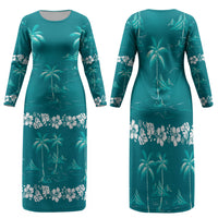 Cyan Hawaii Palm Tree Hibiscus Family Matching Long Sleeve Bodycon Dress and Hawaiian Shirt Fantasy Summer Vibe