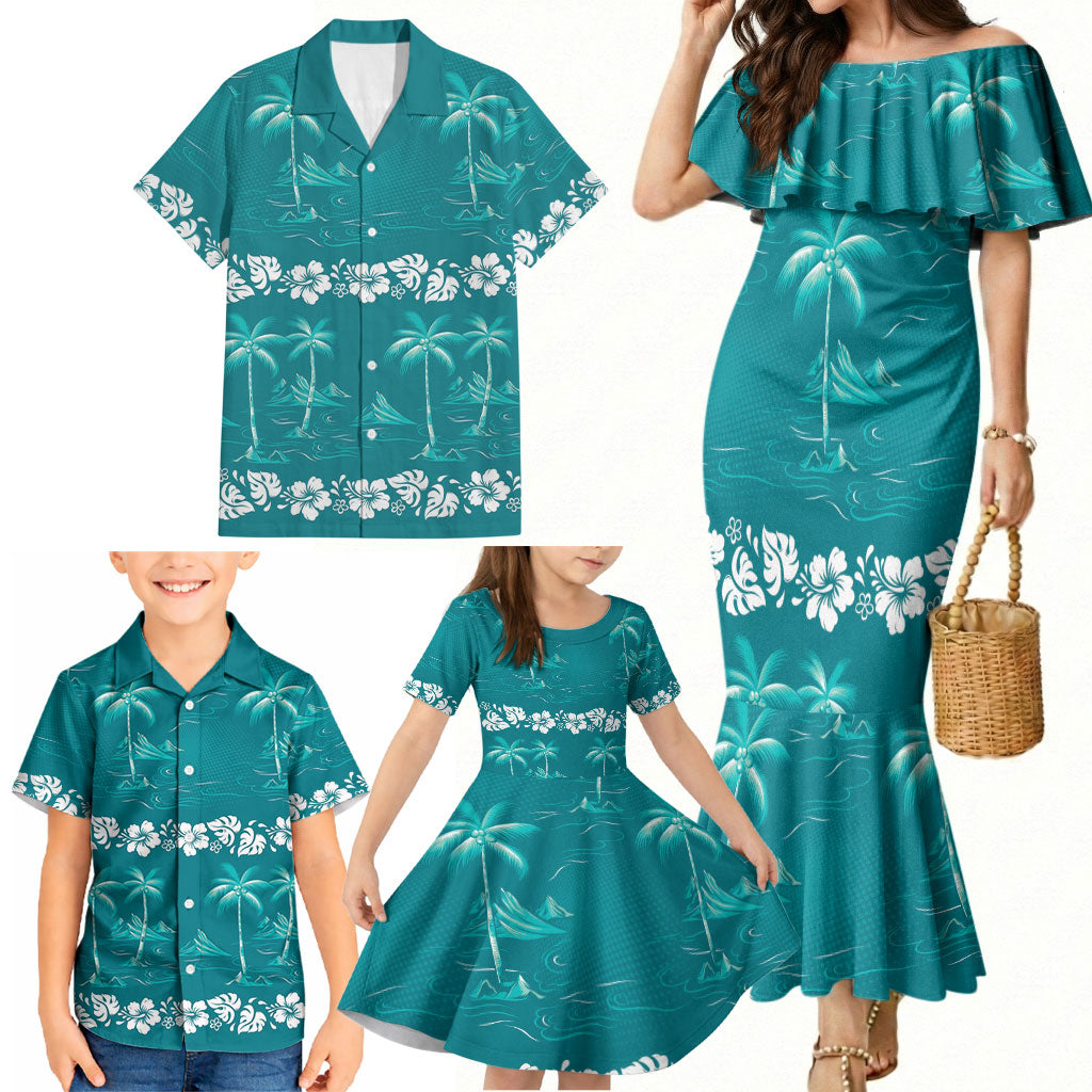 Cyan Hawaii Palm Tree Hibiscus Family Matching Mermaid Dress and Hawaiian Shirt Fantasy Summer Vibe