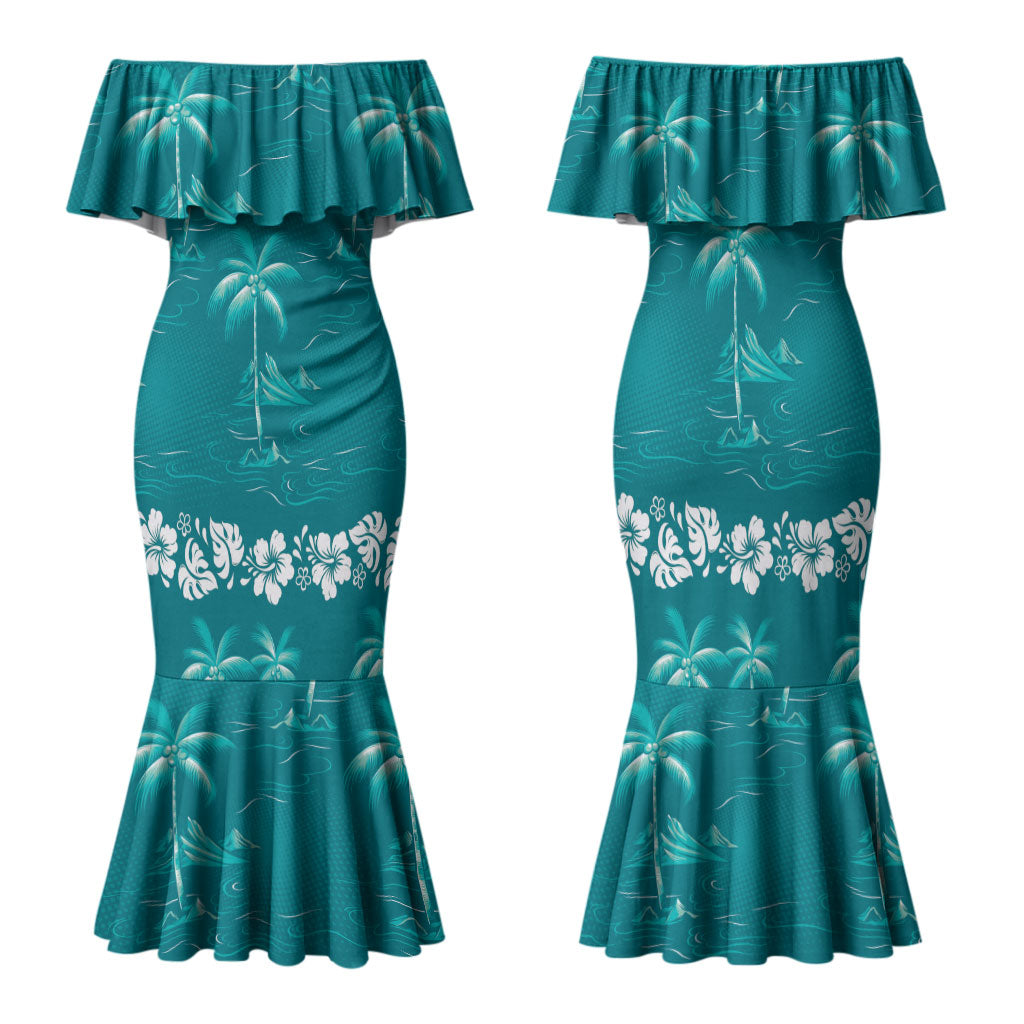 Cyan Hawaii Palm Tree Hibiscus Family Matching Mermaid Dress and Hawaiian Shirt Fantasy Summer Vibe