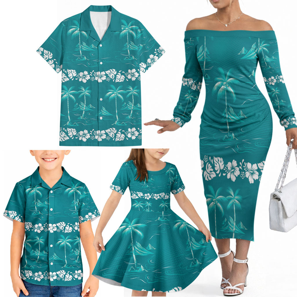 Cyan Hawaii Palm Tree Hibiscus Family Matching Off The Shoulder Long Sleeve Dress and Hawaiian Shirt Fantasy Summer Vibe