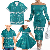 Cyan Hawaii Palm Tree Hibiscus Family Matching Off The Shoulder Long Sleeve Dress and Hawaiian Shirt Fantasy Summer Vibe