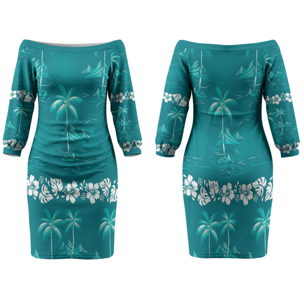Cyan Hawaii Palm Tree Hibiscus Family Matching Off The Shoulder Long Sleeve Dress and Hawaiian Shirt Fantasy Summer Vibe