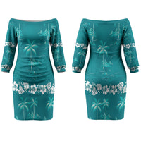 Cyan Hawaii Palm Tree Hibiscus Family Matching Off The Shoulder Long Sleeve Dress and Hawaiian Shirt Fantasy Summer Vibe